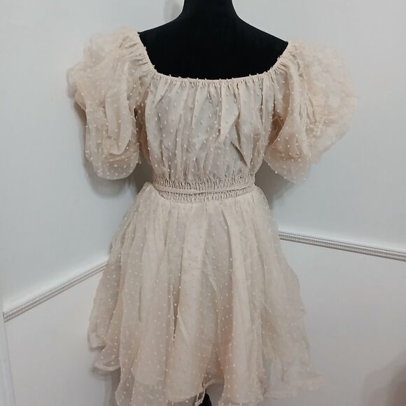 Women's Champagne Swiss Dot Puff Sleeve Babydoll Mini Dress Size L New - Picture 5 of 8